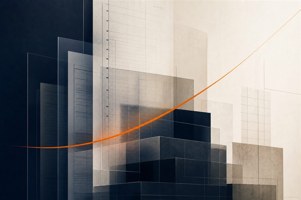 Abstract layered financial documents crossed by an orange trajectory.